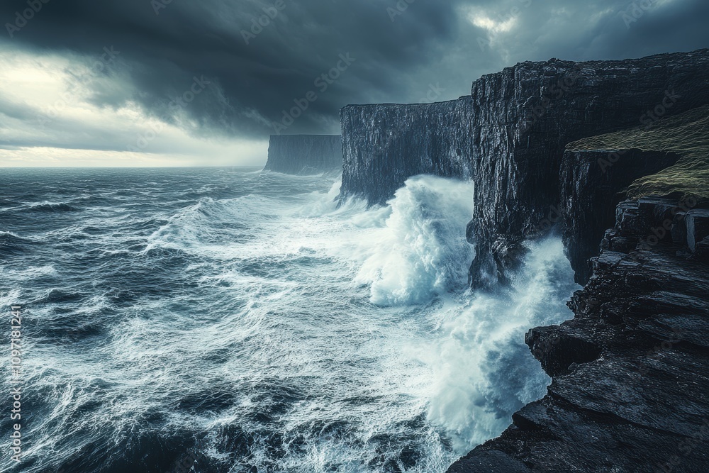 Dramatic coastal landscape with crashing waves against rugged cliffs. Dramatic coastal landscape with crashing waves against rugged cliffs.