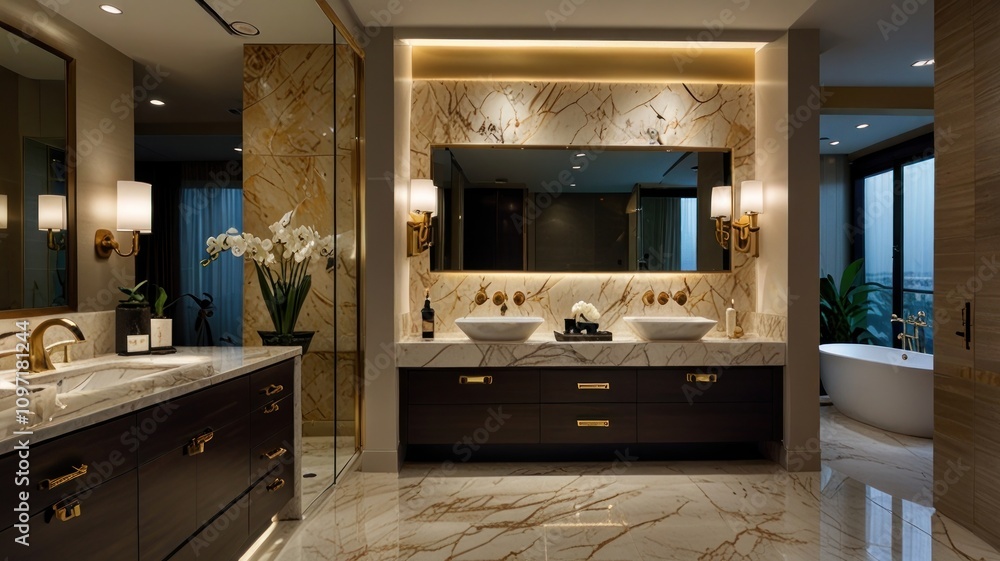 Luxurious modern bathroom with double vanity, marble, and bathtub. Luxurious modern bathroom with double vanity, marble, and bathtub.
