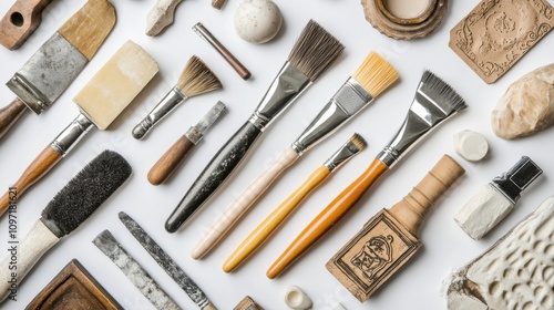 Assorted Crafting Tools and Brushes Spread on a White Surface for Artistic and Creative Projects, Including Paint Brushes, Scrapers, and Wood Carvings