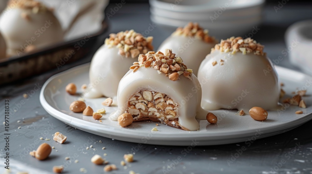 Mochi with peanut butter glaze and chopped peanuts Mochi with peanut butter glaze and chopped peanuts