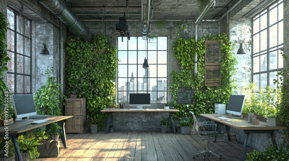 A modern office space with greenery and city views, promoting a fresh work environment. A modern office space with greenery and city views, promoting a fresh work environment.
