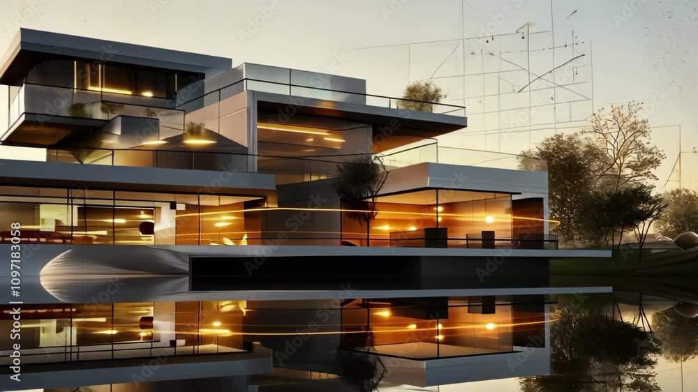 View of A modern architectural design of a luxurious house with large windows ...