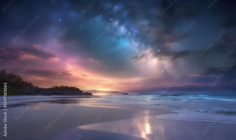 Fototapeta premium Moon glow on the beach where sea and sky meet.