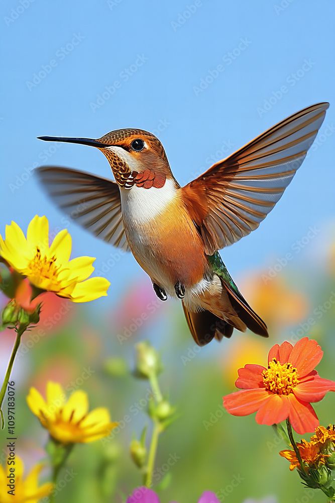 Naklejka premium Vibrant Hummingbird in Mid-Flight Feeding on Colorful Blossoms in a Lush Garden Under a Bright Blue Sky with Stunning Natural Scenery