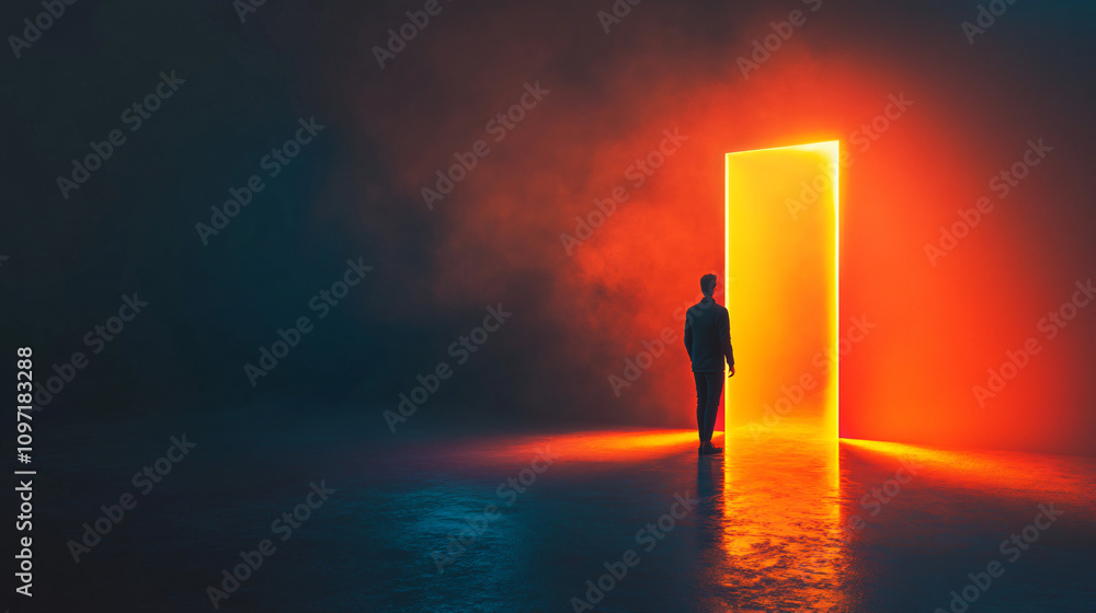 Businessman walking towards mysterious glowing doorway in dark room, concept of future, hope, and new opportunities Businessman walking towards mysterious glowing doorway in dark room, concept of future, hope, and new opportunities
