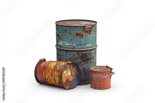 Rusty metal barrels in various sizes and colors, showcasing wear and tear photo