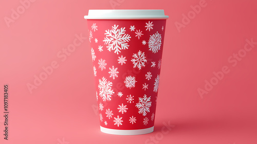 Holiday fast food packaging, snowflake patterns on soda cup, 3D illustration 