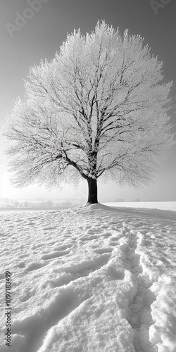A snowy tree on a snowfield, winter time - phone wallpaper - Generative AI