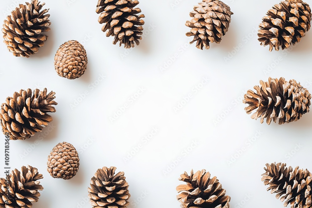 Fototapeta premium Pine cones arranged around empty center on white