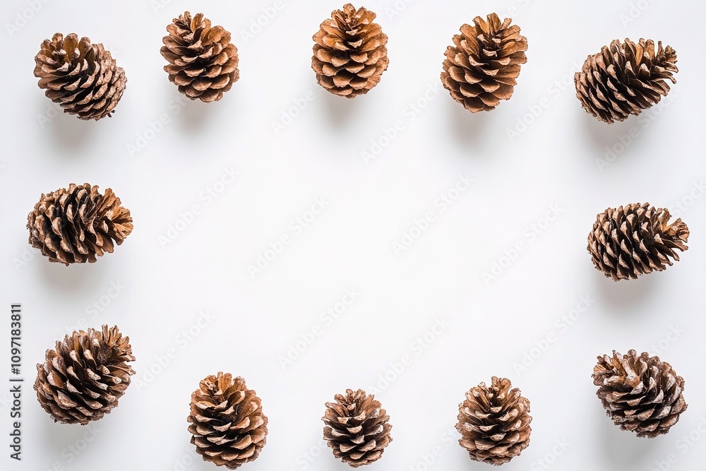 Pine cones arranged in symmetry on white surface
