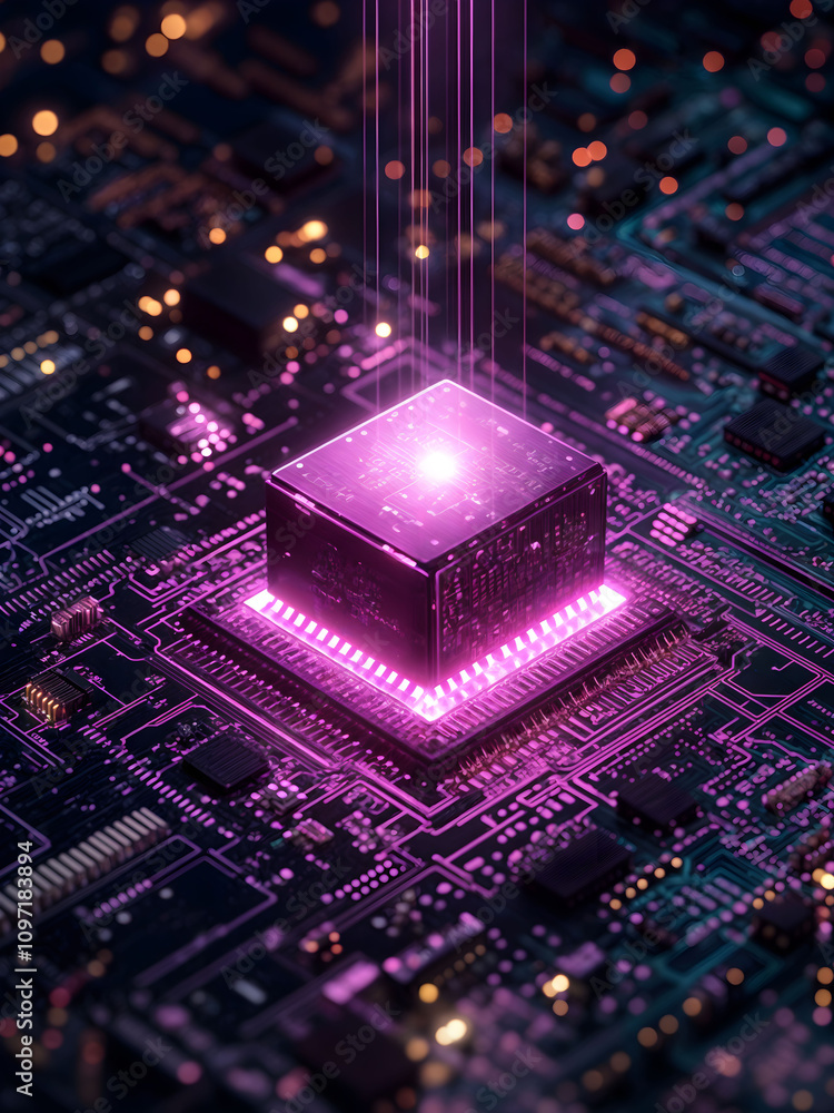 Intricate microchip illuminated by vibrant purple lights on a complex circuit board at an advanced technology facility Intricate microchip illuminated by vibrant purple lights on a complex circuit board at an advanced technology facility