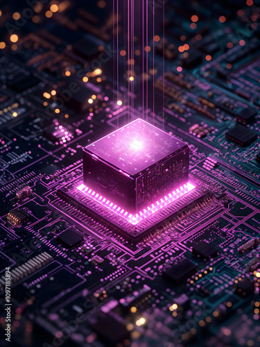 Intricate microchip illuminated by vibrant purple lights on a complex circuit board at an advanced technology facility