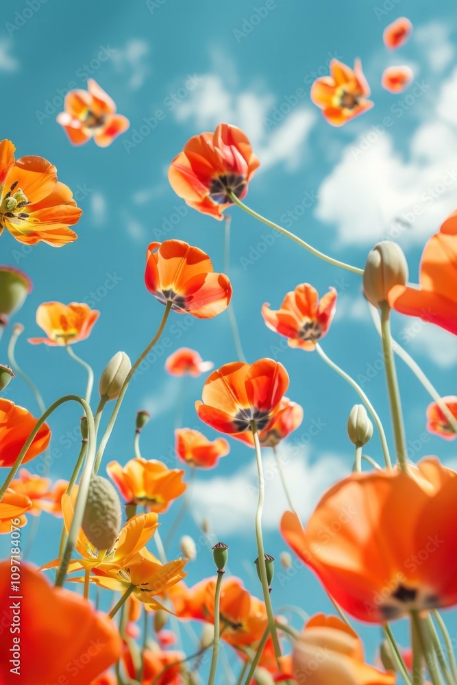 Obraz premium Vibrant orange flowers blooming under a clear blue sky, showcasing nature's beauty and a sense of tranquility. Spring and floral concept.