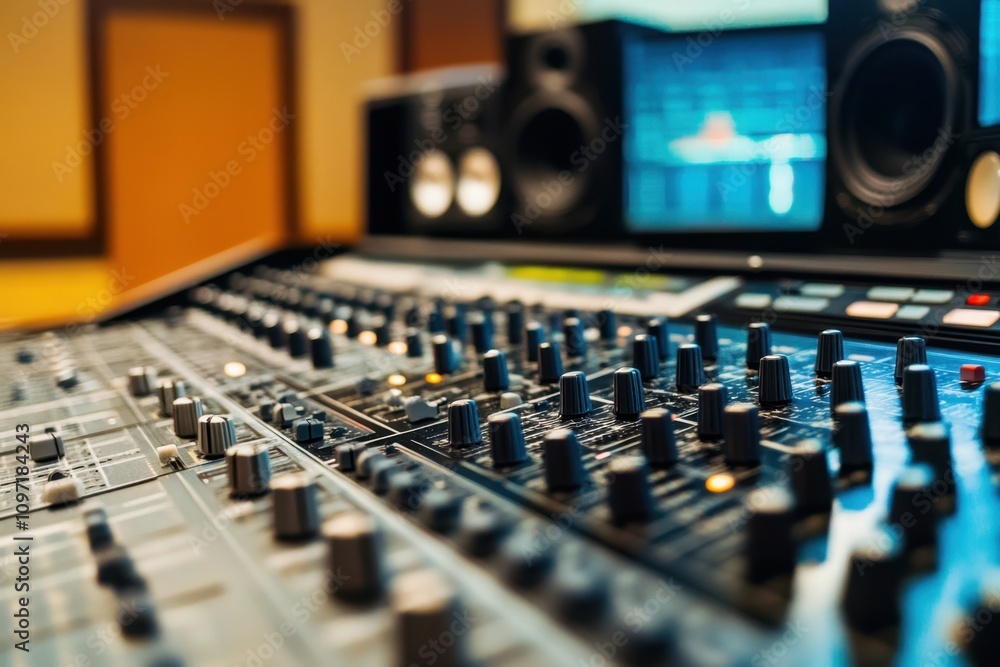 Music production setup with mixing console and audio equipment in a recording studio environment Music production setup with mixing console and audio equipment in a recording studio environment