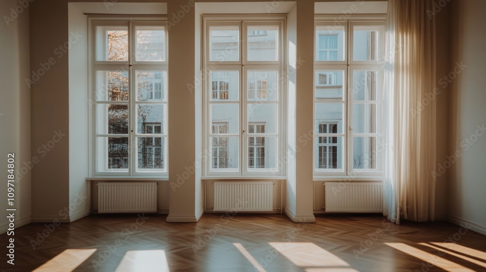 A bright, empty room with large windows and wooden flooring, showcasing natural light. A bright, empty room with large windows and wooden flooring, showcasing natural light.