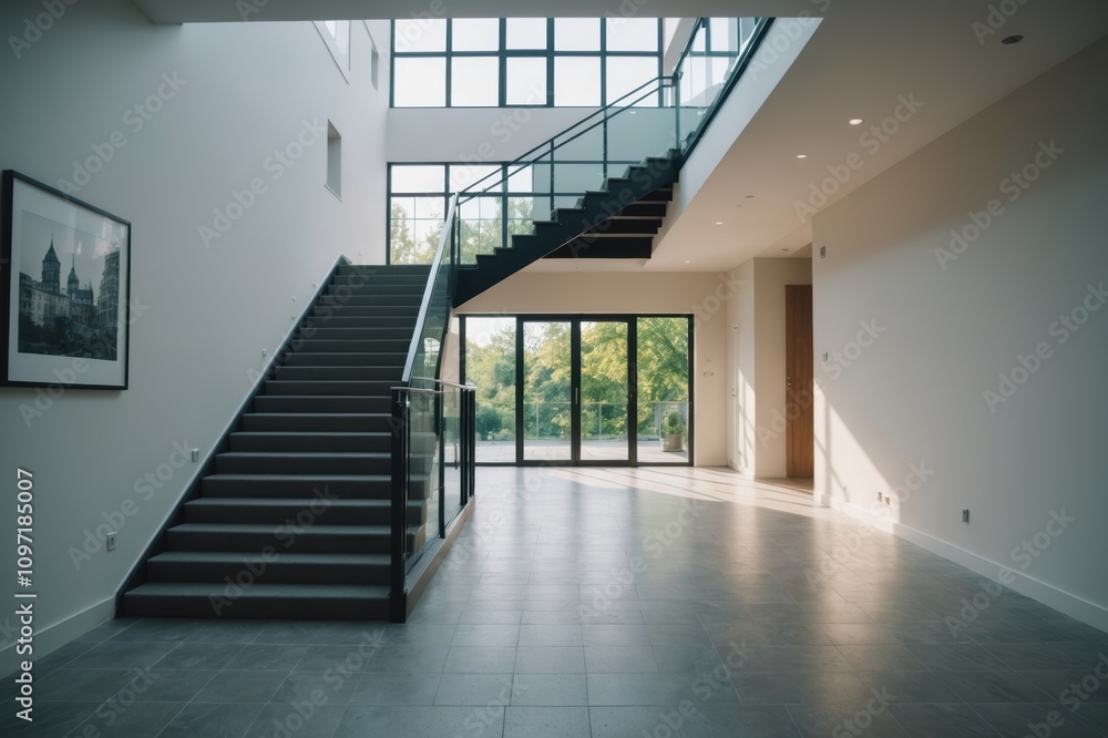 Fototapeta premium Bright interior hallway with modern design, featuring a staircase, glass railing, and a skylight