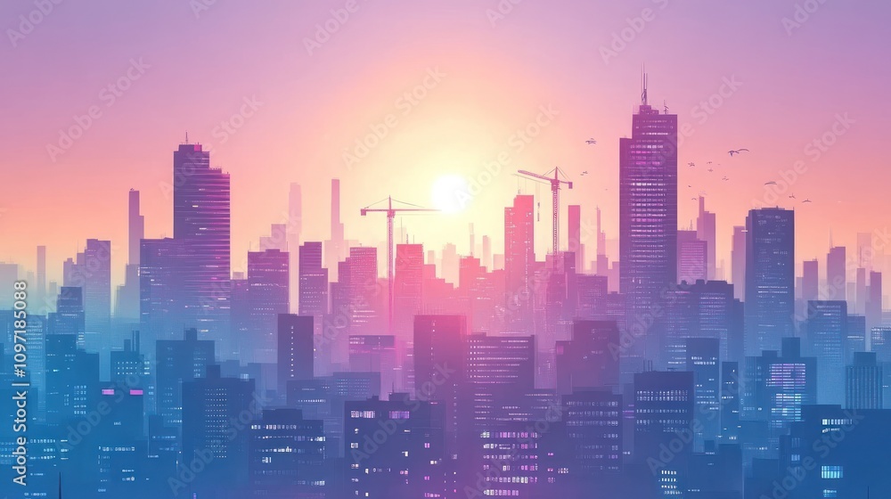 Fototapeta premium Futuristic Cityscape at Sunset with Construction Cranes