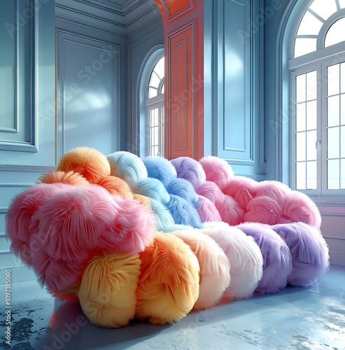 Kartell, product design, sofa made of soft pastel colored balls in the shape of cloud like puffy plush clouds. photo