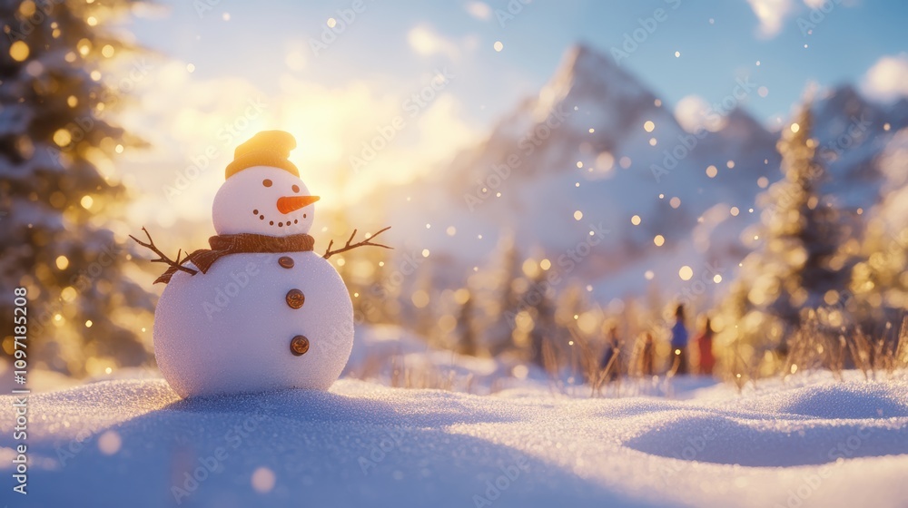 Obraz premium Sunlit winter landscape with partially built snowman and mountains