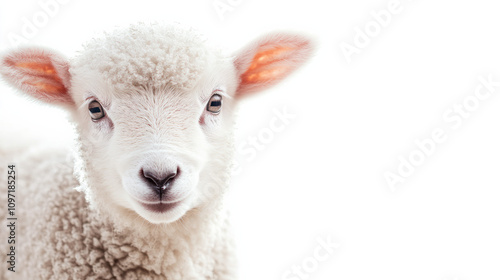  Young lamb on white background looking at camera