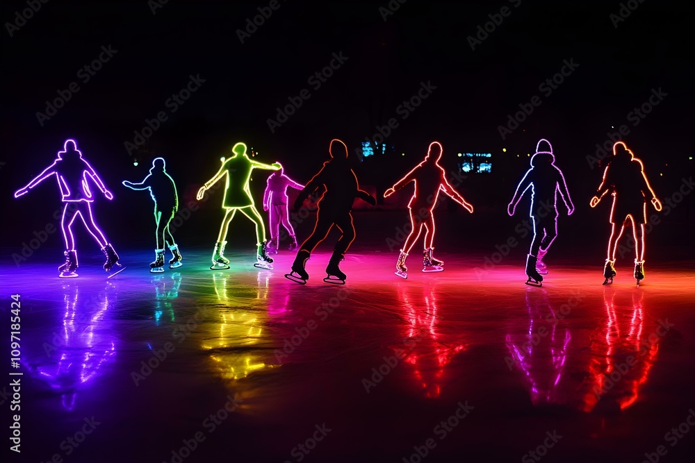 A vibrant neon sketch of a crowd gliding on ice at a winter carnival, set against a black background in a 3:2 ratio. A vibrant neon sketch of a crowd gliding on ice at a winter carnival, set against a black background in a 3:2 ratio.
