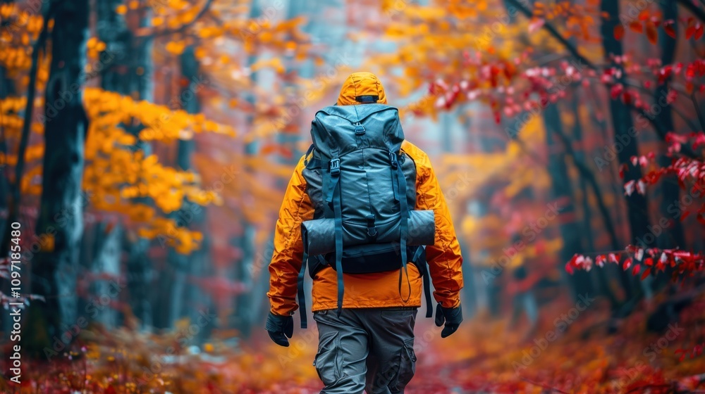 Hiker in autumn forest, back view. Hiker in autumn forest, back view.