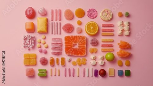 Assorted Colorful Candies Arranged On Pink Background photo