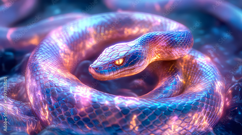 A mesmerizing 3d rendering of a vibrant serpent coils around itself, its scaly body glowing with an ethereal. Ethereal Water Serpent. Illustration A mesmerizing 3d rendering of a vibrant serpent coils around itself, its scaly body glowing with an ethereal. Ethereal Water Serpent. Illustration