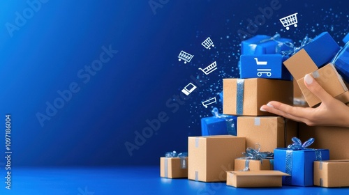 Pile of blue gift boxes and brown packages with shopping icons floating on a vibrant blue background.
