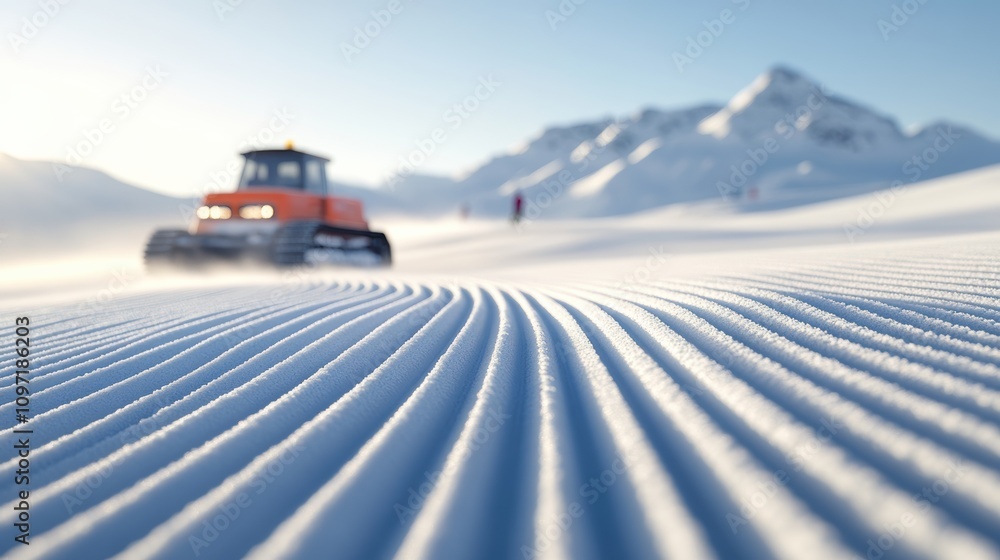 Groomed winter ski slope under bright blue sky with snowcat