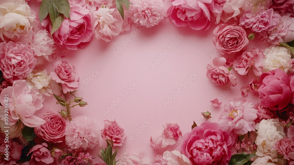 Roses and peonies with copy space on a pink backdrop. Text space and an abstract, organic floral frame arrangement. feminine composition with a romantic touch. A wedding invitation. International Wome Roses and peonies with copy space on a pink backdrop. Text space and an abstract, organic floral frame arrangement. feminine composition with a romantic touch. A wedding invitation. International Wome