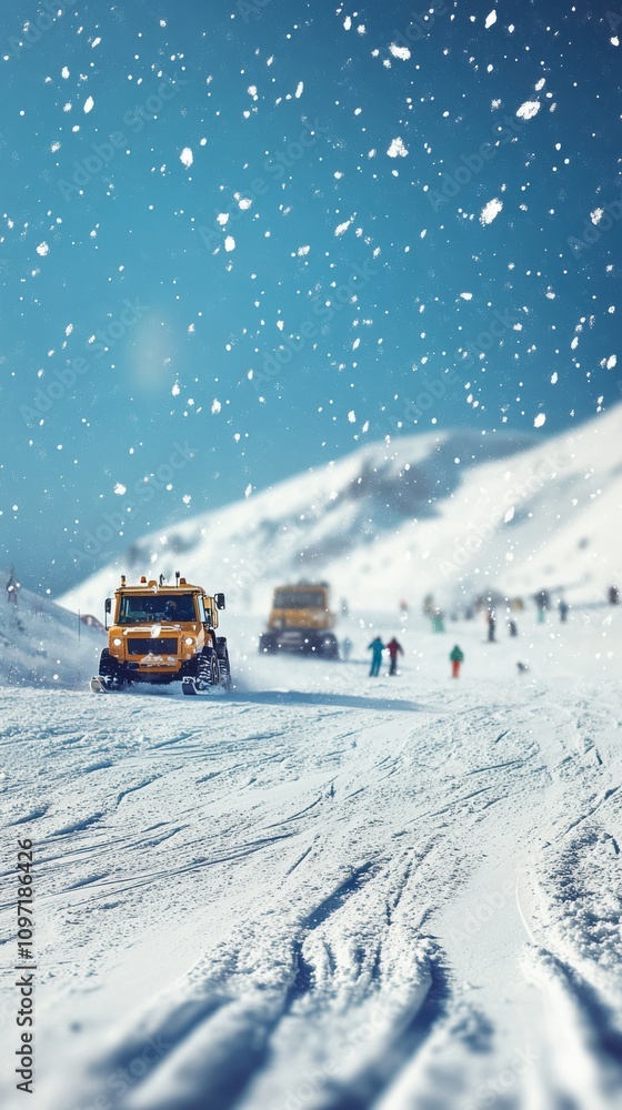 Winter ski slope with groomed snow and skiers on sunny day Winter ski slope with groomed snow and skiers on sunny day