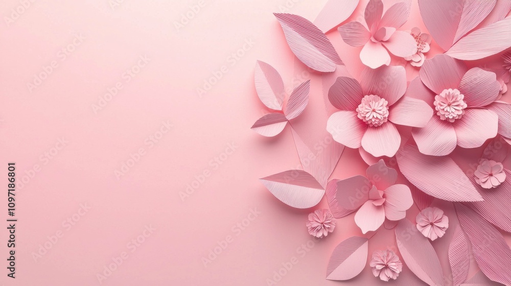 Delicate pink paper flowers and leaves arranged beautifully on a soft pink background, creating a serene and elegant floral composition. Delicate pink paper flowers and leaves arranged beautifully on a soft pink background, creating a serene and elegant floral composition.