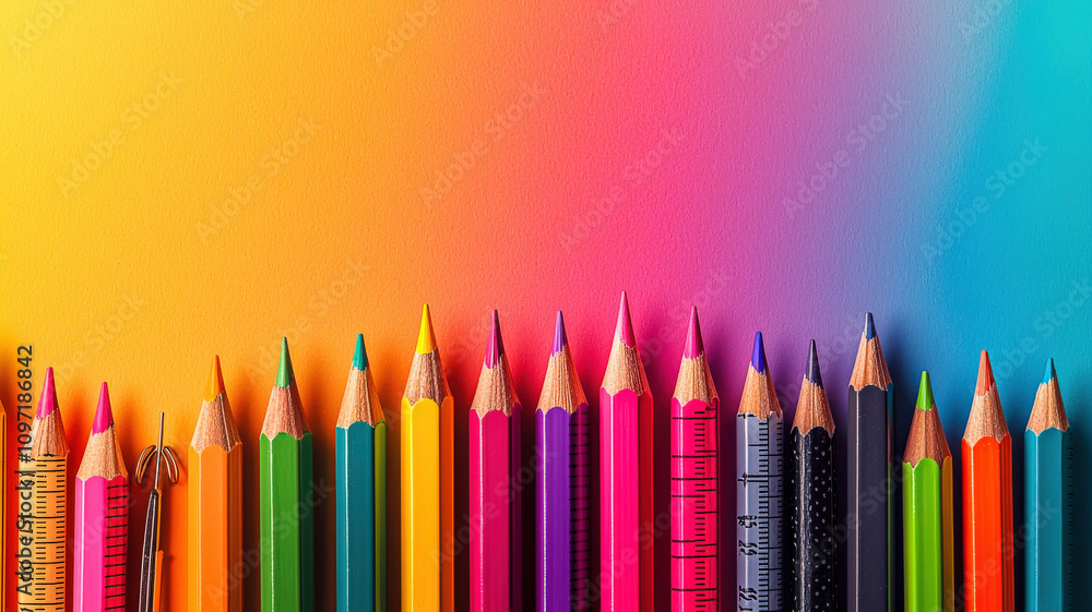 A playful design featuring colorful pencils, erasers, and rulers scattered across a vibrant gradient background, creating a cheerful and creative atmosphere ideal for educational themes.