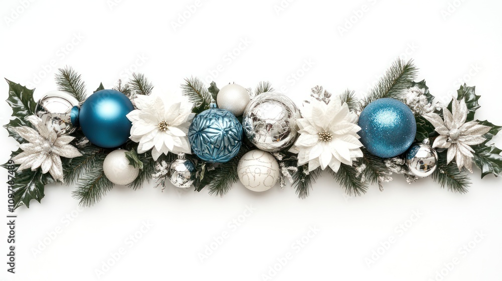 A decorative arrangement of blue and silver ornaments with flowers and greenery for festive decor. A decorative arrangement of blue and silver ornaments with flowers and greenery for festive decor.