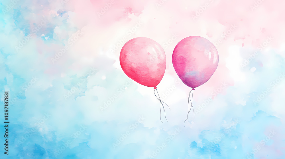 Fototapeta premium Watercolor painting of three floating balloons in pastel sky. Pastel Balloon Skies. Illustration