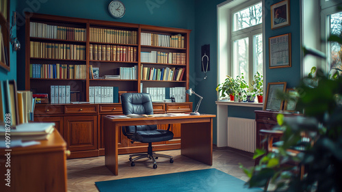 Wallpaper Mural A private doctor’s office featuring a desk, shelves filled with medical textbooks, and a stethoscope hanging on a chair, creating a professional and welcoming environment. Torontodigital.ca