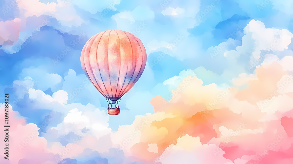 Naklejka premium Hand painted watercolor of a pastel hot air balloon floating in the sky with soft clouds. Pastel Balloon Skies. Illustration