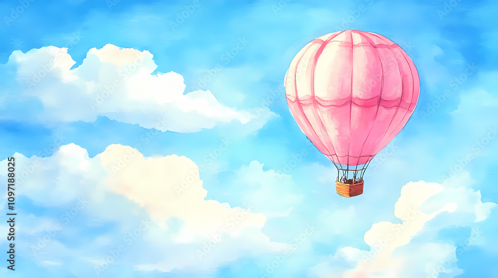 Fototapeta premium Hand painted watercolor of a pastel hot air balloon floating in the sky with soft clouds. Pastel Balloon Skies. Illustration