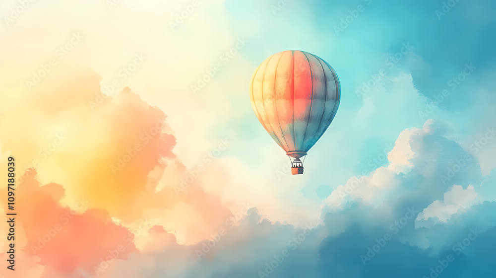Fototapeta premium Hand painted watercolor of a pastel hot air balloon floating in the sky with soft clouds. Pastel Balloon Skies. Illustration