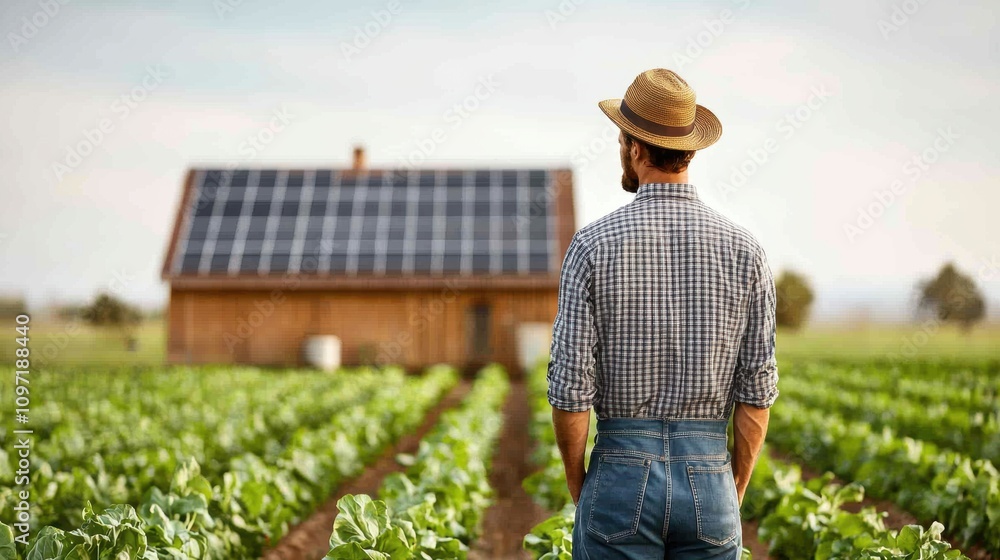 Fototapeta premium Farmer standing in a vegetable field, looking at a wooden house with solar panels.