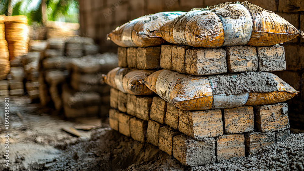 A stack of bricks and bags of cement neatly arranged and ready for use at a construction site, showcasing the materials needed for building projects. A stack of bricks and bags of cement neatly arranged and ready for use at a construction site, showcasing the materials needed for building projects.