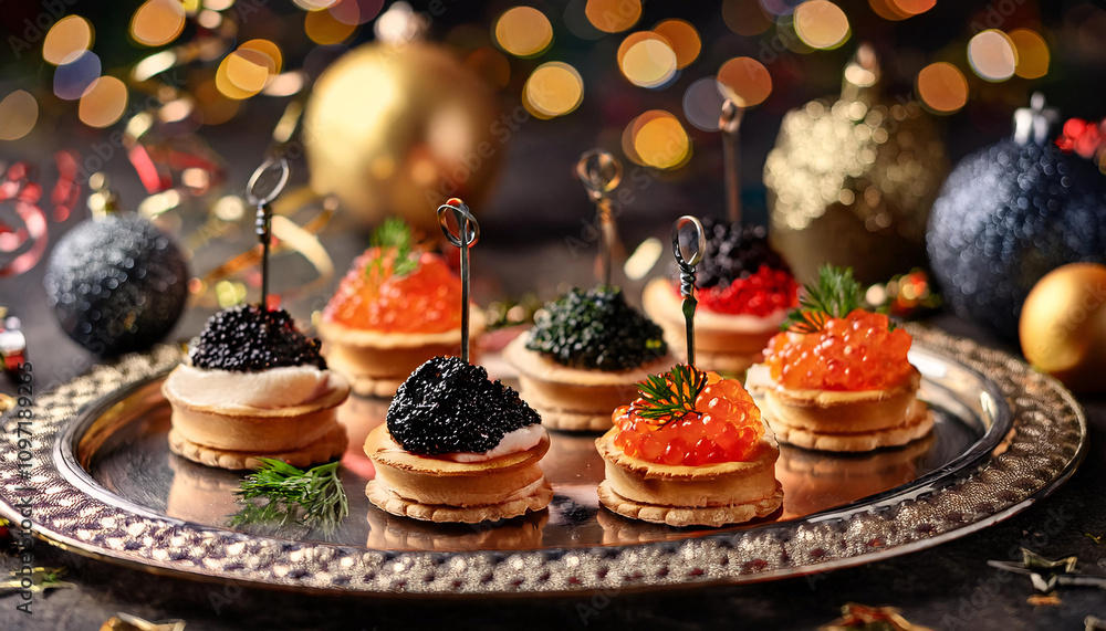 Fototapeta premium Caviar on Canapés with Party Decorations