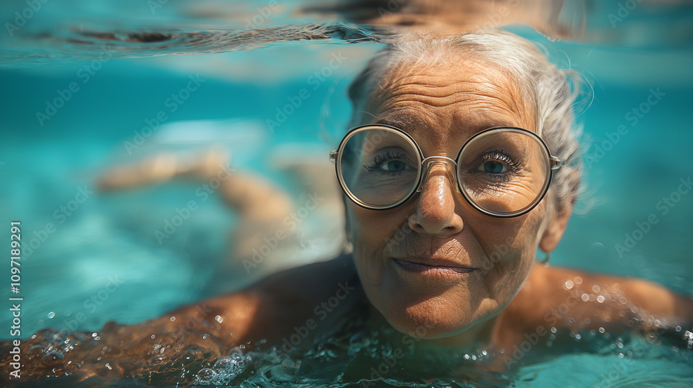 Naklejka premium an adult woman swims in the pool healthy lifestyle