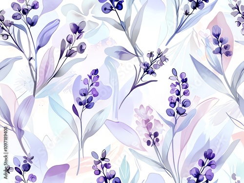 Serene Watercolor Floral Pattern: Pastel Purple Blossoms and Delicate Leaves photo