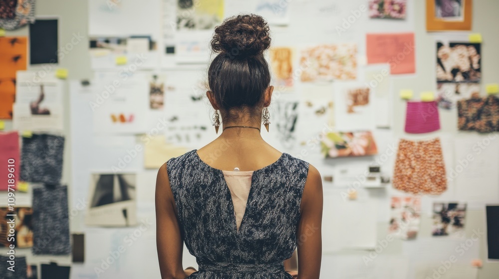 Woman Reviewing Designs On A Wall
