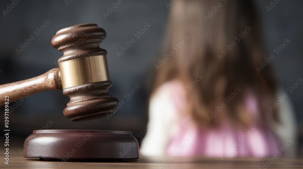 Close up of a legal judges hammer with a blurred child in the background. Child custody concept Close up of a legal judges hammer with a blurred child in the background. Child custody concept