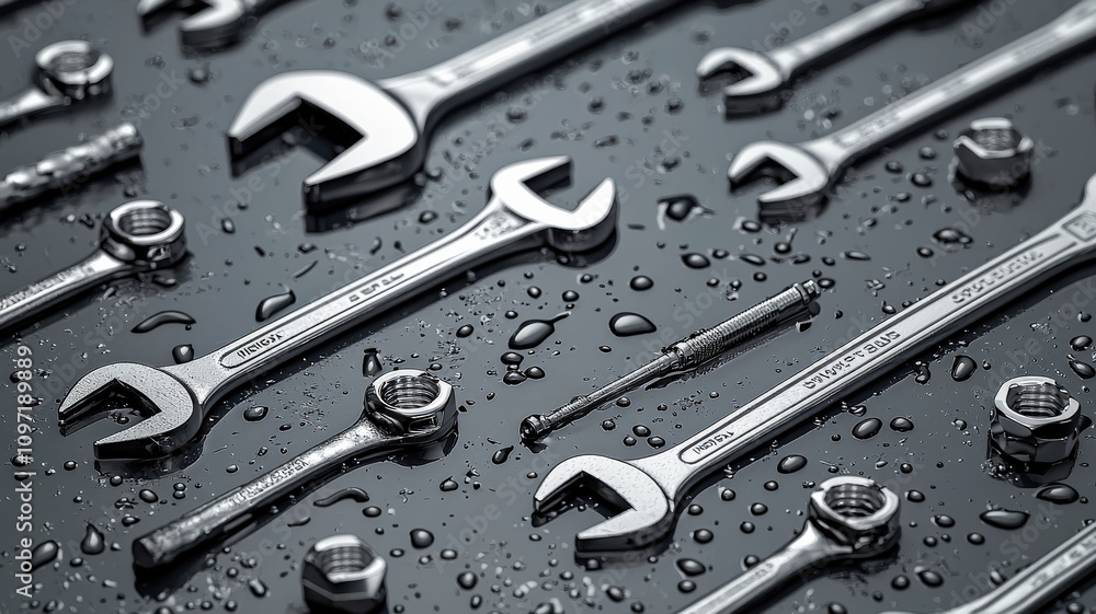 Fototapeta premium A subtle pattern featuring tools such as wrenches, hammers, and screwdrivers on a gray backdrop, perfect for a construction or DIY-themed design.