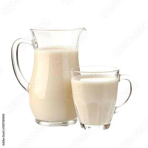 A glass pitcher and a cup filled with creamy liquid, likely milk.