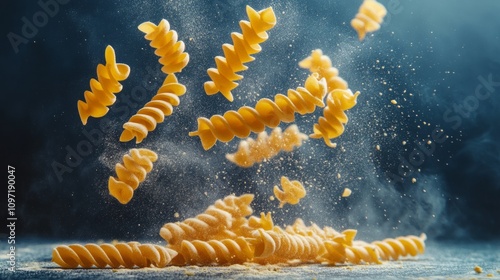 Fusilli pasta falling through the air. Dynamic food image showing twisted pasta shapes photo